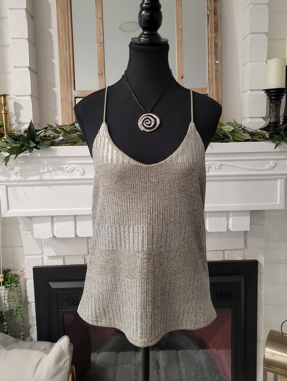 Bishop + Young Tessa Metallic Shimmer Racerback V Neck Feminine Cami  Medium